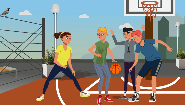 Teo jugando al basket con sus amigos